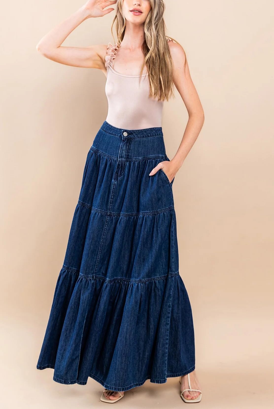 Falda de Mezclilla Maxi Informal con gradas de una línea para Mujer Falda Larga de Mezclilla Boho Plisada con Columpio Fluido