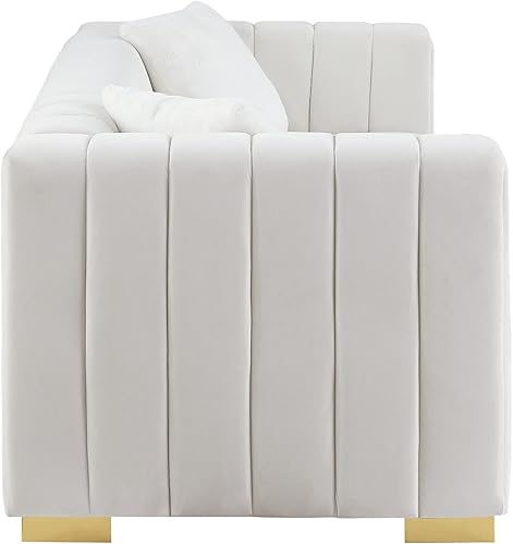 Miniatura 7 de KIVENJAJA Sofá de 3 plazas de terciopelo capitonado con canal con 2 almohadas, brazos cuadrados y patas de metal dorado para sala de estar,