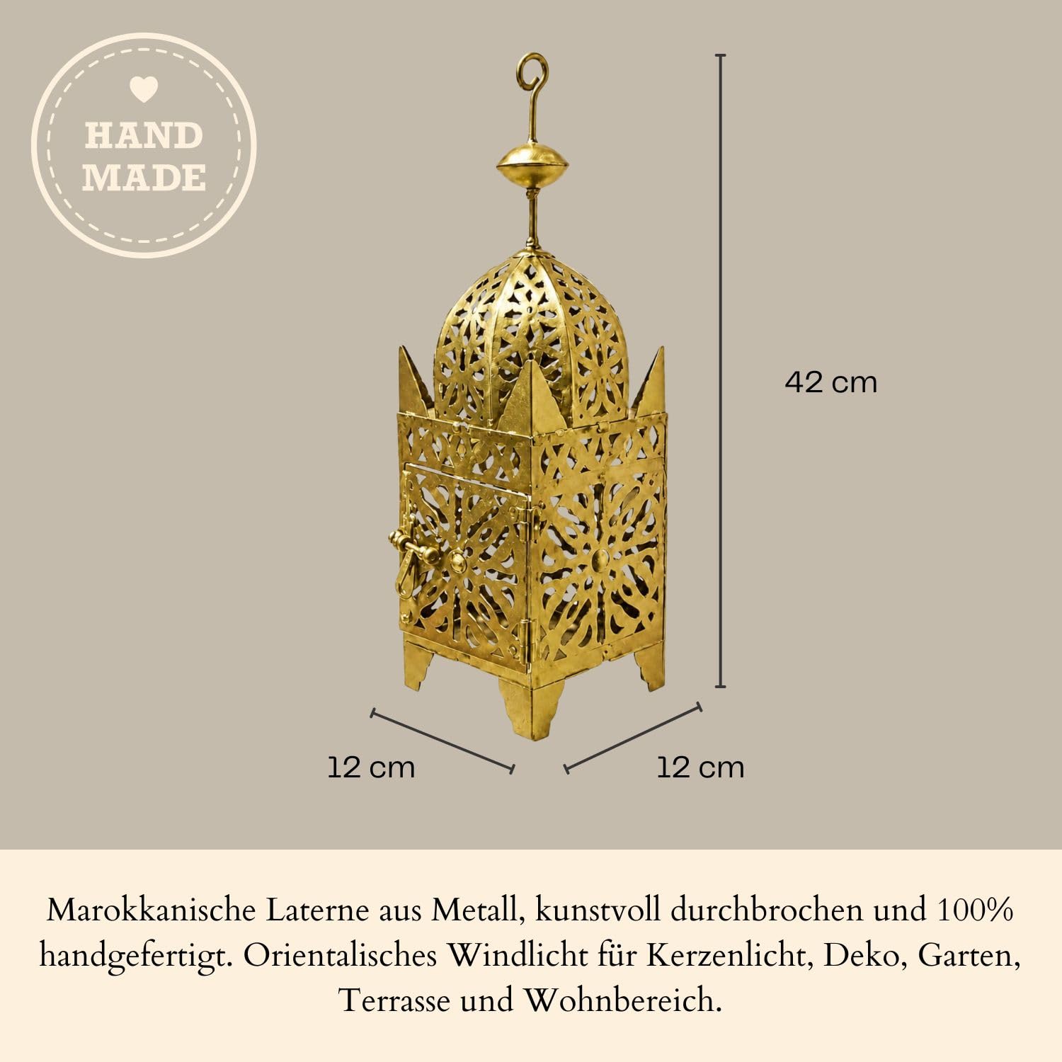 Linterna marroquí Frane Gold, 42 cm, Metal, Marrakech, Hecha a Mano