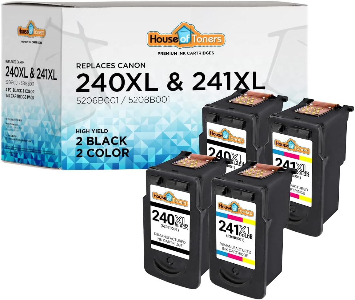 Houseoftoners Remanufactured Replacement for Canon PG-240XL Black and CL-241XL Color Ink Cartridges Pixma iP2700 iP2702 MP240 MP250 MP270 MP280-4-Pack (2 Black, 2 Color)