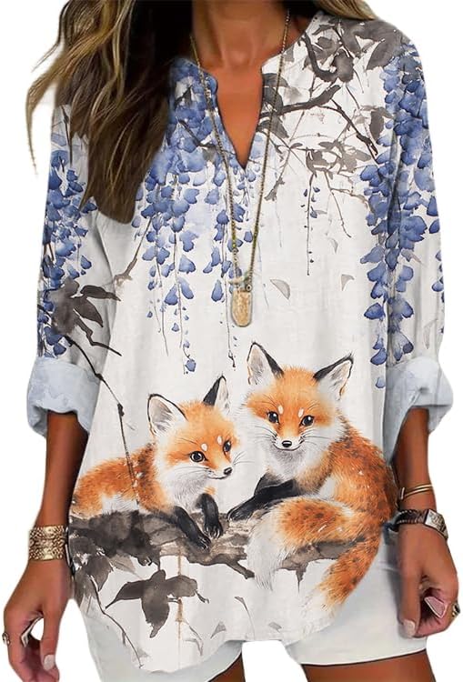 MARSVOVO Womens Blouses Long Sleeve Unique Art Print V Neck Flowy Tops Causal Shirt for Women