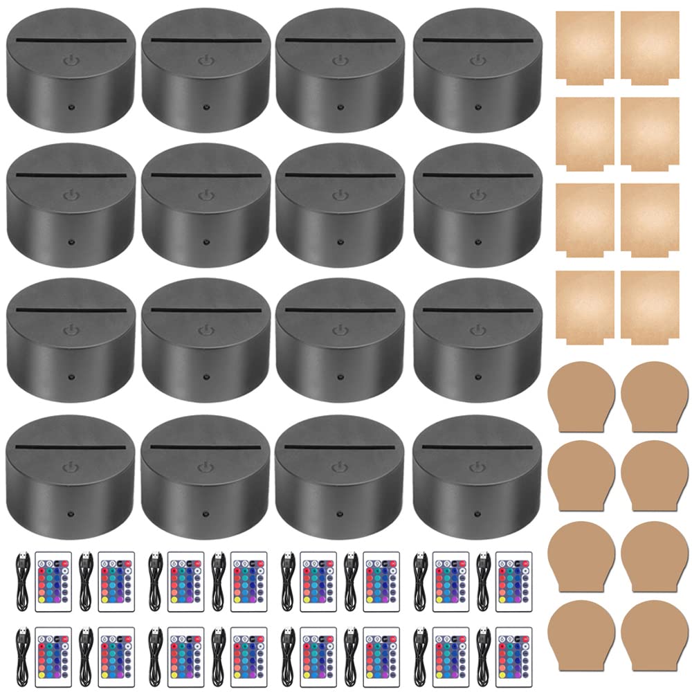 HYNNIO16-set 3D Night LED Light Lamp Base with Round Square Acrylic Sheet, Includes Remote Control + USB Cable, 16 Colors Decoration Maison Decorative Lights for Bedroom Child Room (Black)