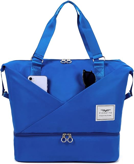 FIORETTO Womens Travel Bag Duffle Bag with Laptop Compartment, Water Resistant Gym Bag Weekend Bag Overnight Hospital Bag Holdall with Separated Shoes Compartment & Wet Pocket Klein Blue