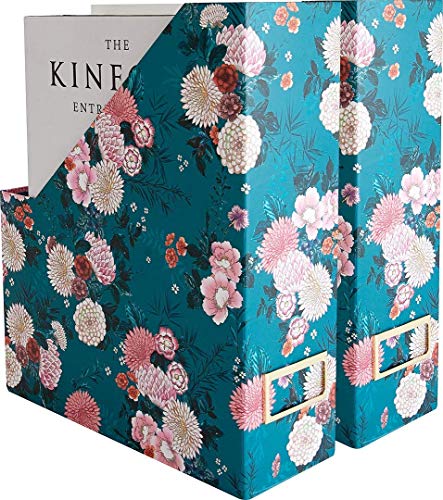 Blu Monaco Foldable Magazine File Holder with Gold Label Holder - Set of 2 Cardboard Magazine File Boxes - Floral and Teal Desk Organizers and Accessories…