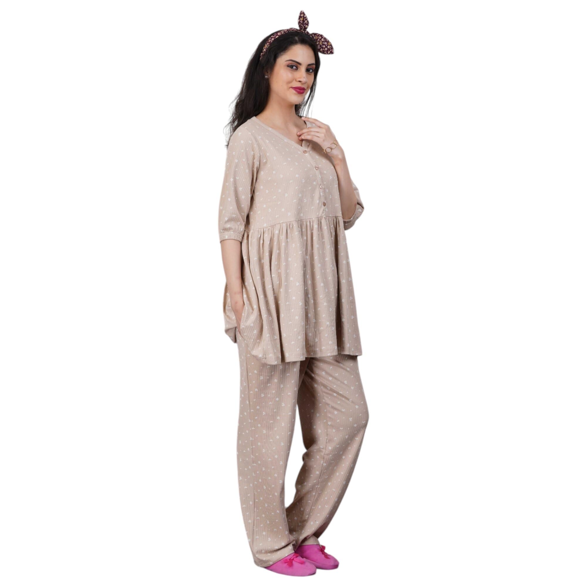 modest materna Beige Hearts Ribbed Maternity Co-ord Set Lounge Wear – 100% Cotton, Adjustable Waist, Stretchable Top & Bottom with Pockets, Sizes S to XXXL-picture-21
