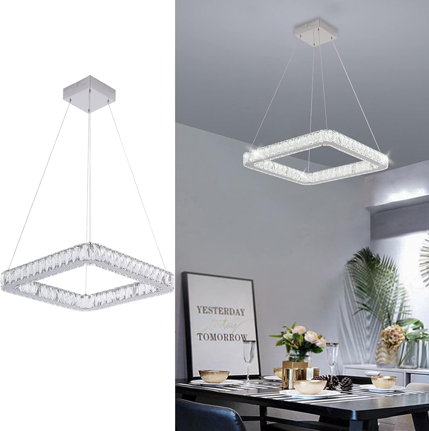 Best Deal Cheap 🛒 Ganeed Modern Chandeliers,K9 Crystal Chandelier,6500K Square LED Pendant Lighting,1 Ring Adjustable Height Hanging Light Fxitures for Living Dining Room Restaurant Bedroom(Dia 19.6)
