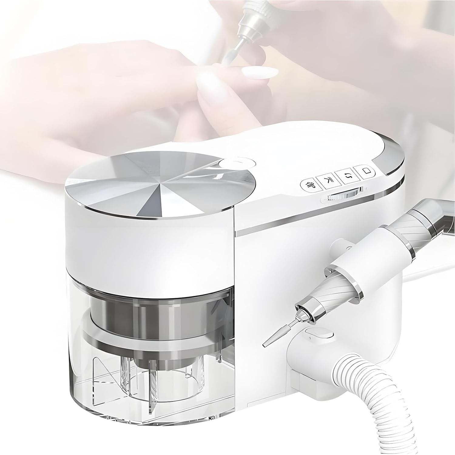 Macchina Per Levigatura Unghie, Trapano E Aspirapolvere Professionali. Il Motore Brushless Eroga 30.000 Giri/min, Con Aspirazione Regolabile Per Una Nail Art Confortevole.