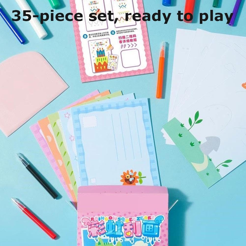 Kit De 20 Dessins à Gratter Arc-en-ciel – Peinture Créative – Avec 7 Gouaches, 6 Feutres, Grattoir Et Stickers – Activité Manuelle Dès 3 Ans – Carte Postale Au Dos