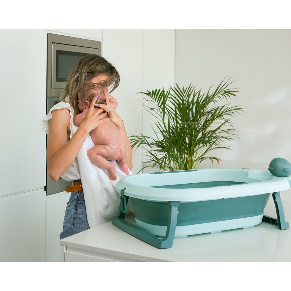 Składana wanna dla niemowląt Interbaby 80x47x21 cm | Składana wanna dla niemowląt z kubkiem do płukania, antypoślizgowa, szczelna nasadka | przenośna, łatwa do przechowywania, wygodna, niebieska