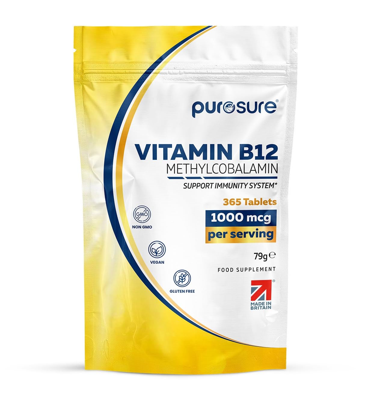 Purosure Vitamin B12 1000µg | 365 High Strength Easy to Swallow Tablets | Methylcobalamin Vegetarian and Vegan Tablets | Tiredness and Fatigue Tablets | | Manufactured in the UK | (365 Tablets)