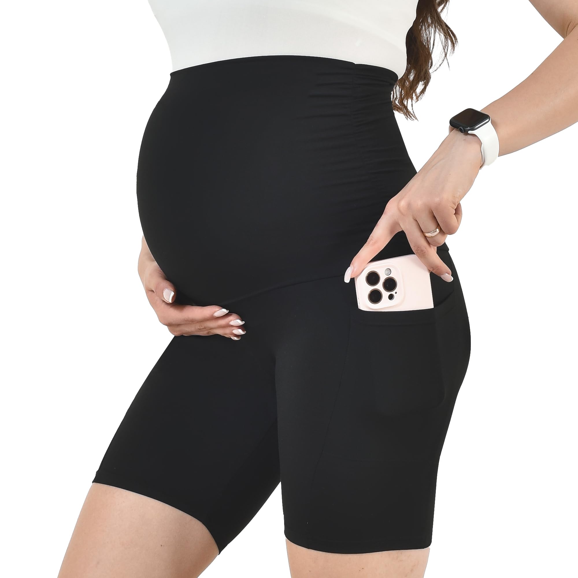 Maternity Shorts with Pockets Over The Belly for Women, High Waisted Soft Pregnancy Yoga Pants-image-10