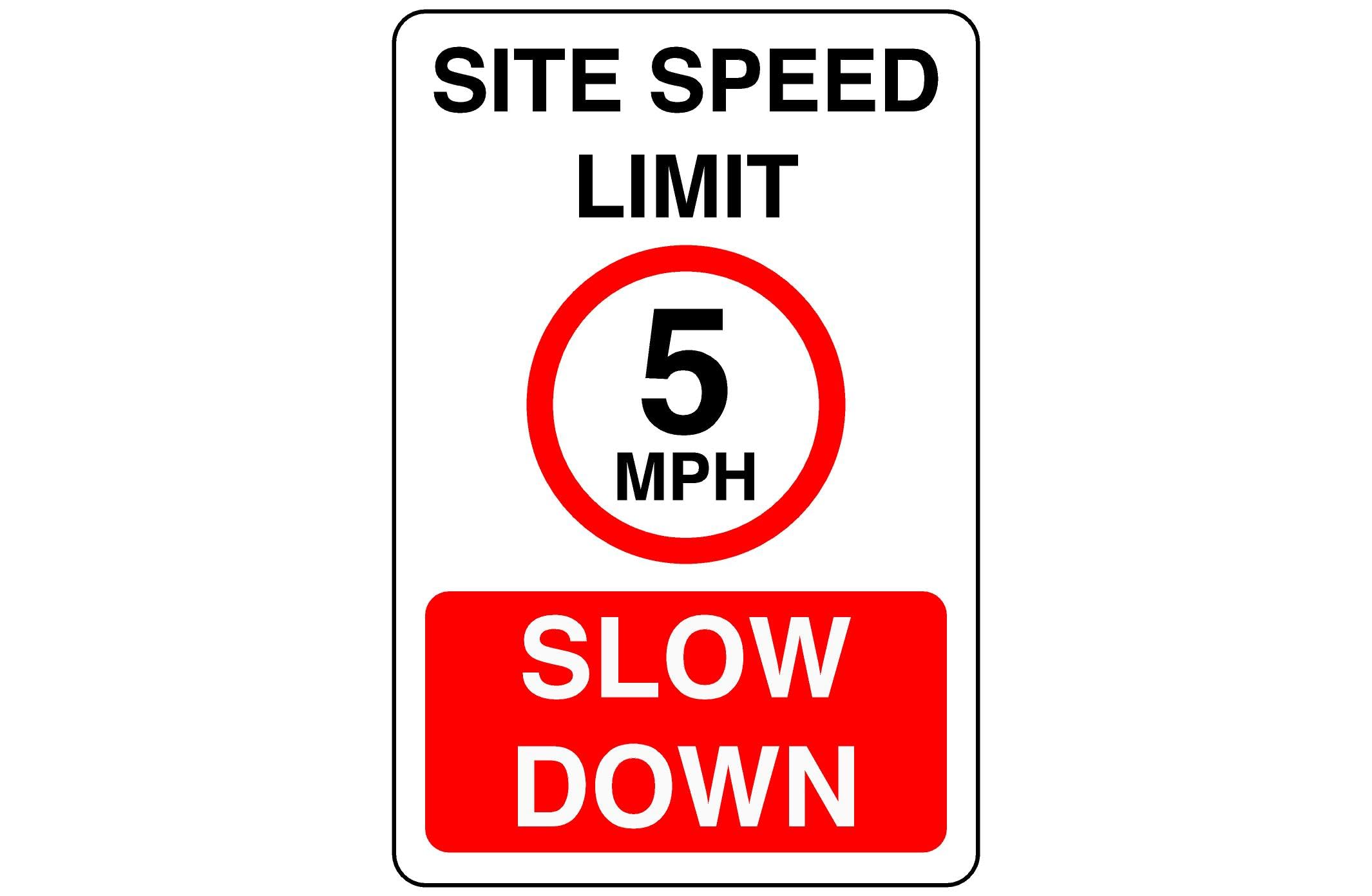 Site speed limit 5mph slow down Safety sign- 3mm Aluminum Dibond high-visibility and durability for indoor/outdoor usage (300mm x 200mm) Ensures Safety Within 7m Viewing Distance.