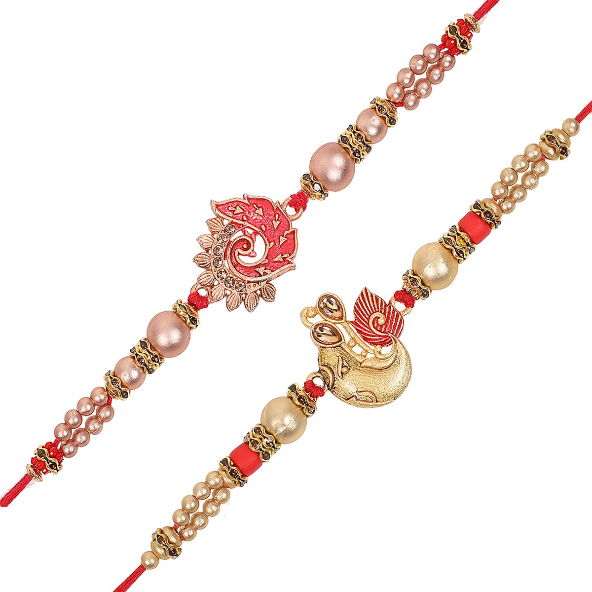 Ravishing Gold Plated Meenakari Peacock and Religious Rakhi Bracelet (Set of 2) with Roli Chawal and Greeting Card-image-7