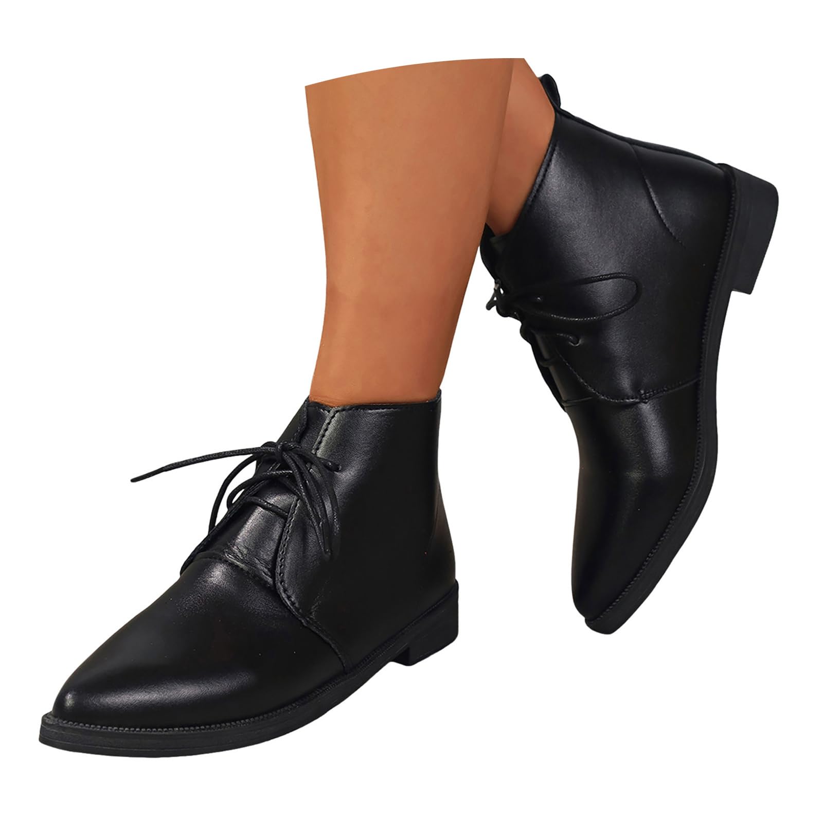 ZSpzx Women Leather Ankle Boots Short Lace up Chunky Heels Pointed Toe Solid Color Short Booties Stylish Waterproof