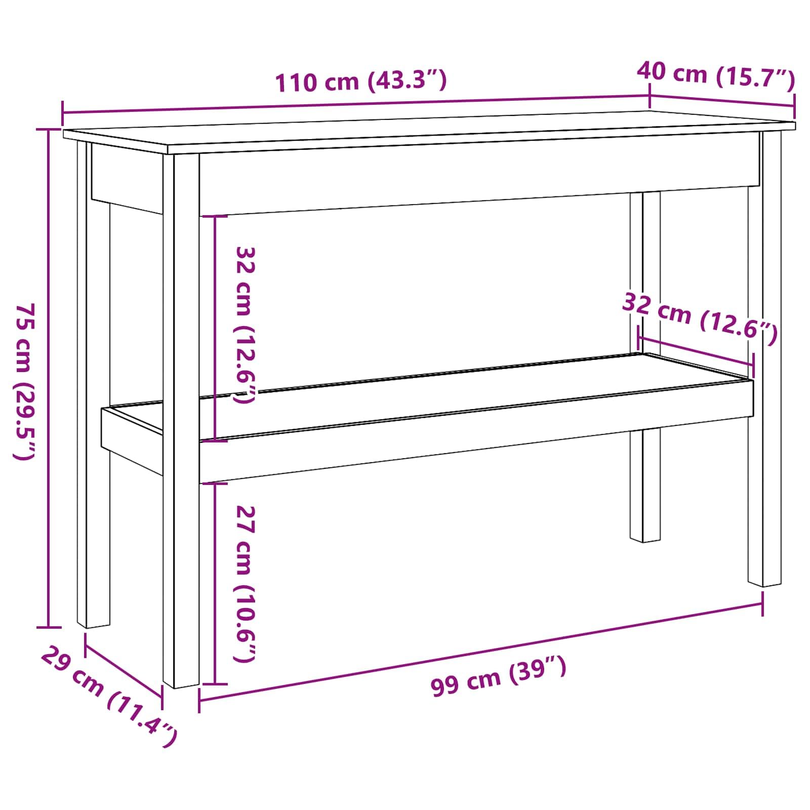 Stolik konsolowy woskowany brąz z litego drewna sosnowego, 110 x 40 x 75 cm, z regałem do salonu, korytarza, przedpokoju, wszechstronnego stołu ściennego i stolika do przechowywania