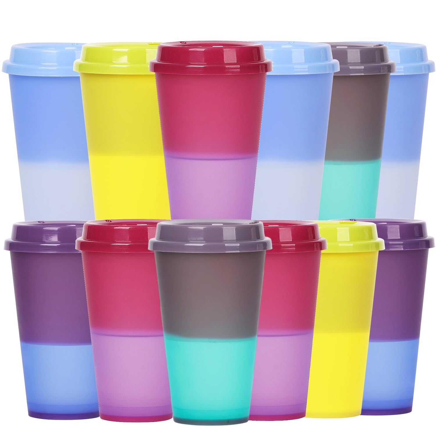 Yisituo 480ml Reusable Coffee Cups with Lids, Plastic Tumblers, 12 Pack Colour Changing Travel Mugs, for Home Car, Beach