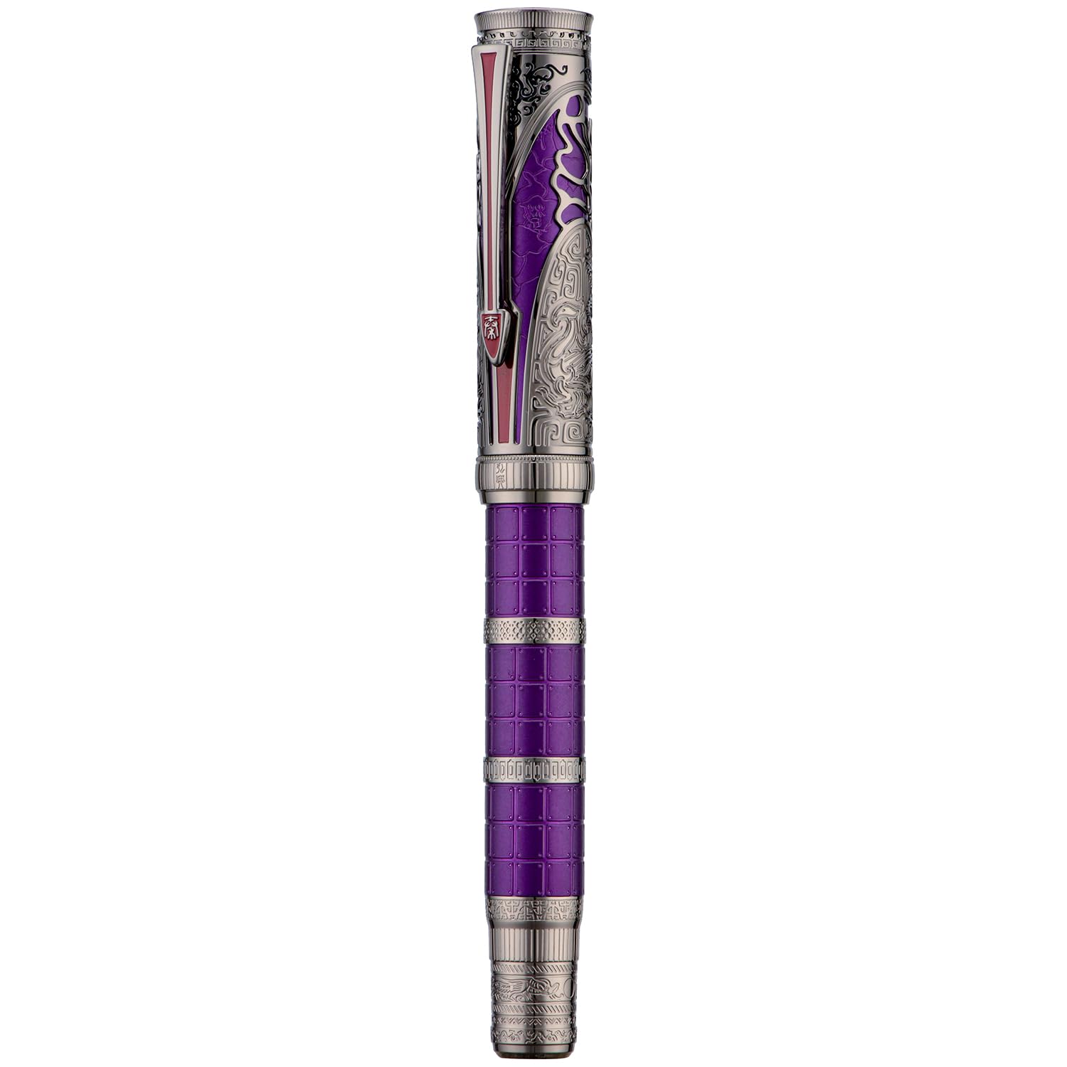 Hongdian D5X Füllfederhalter, violett, extra feine Feder, Qin-Dynastie, Retro, chinesische Totem-Gravur, glattes Schreiben, Stift mit Konverter und Stiftebox