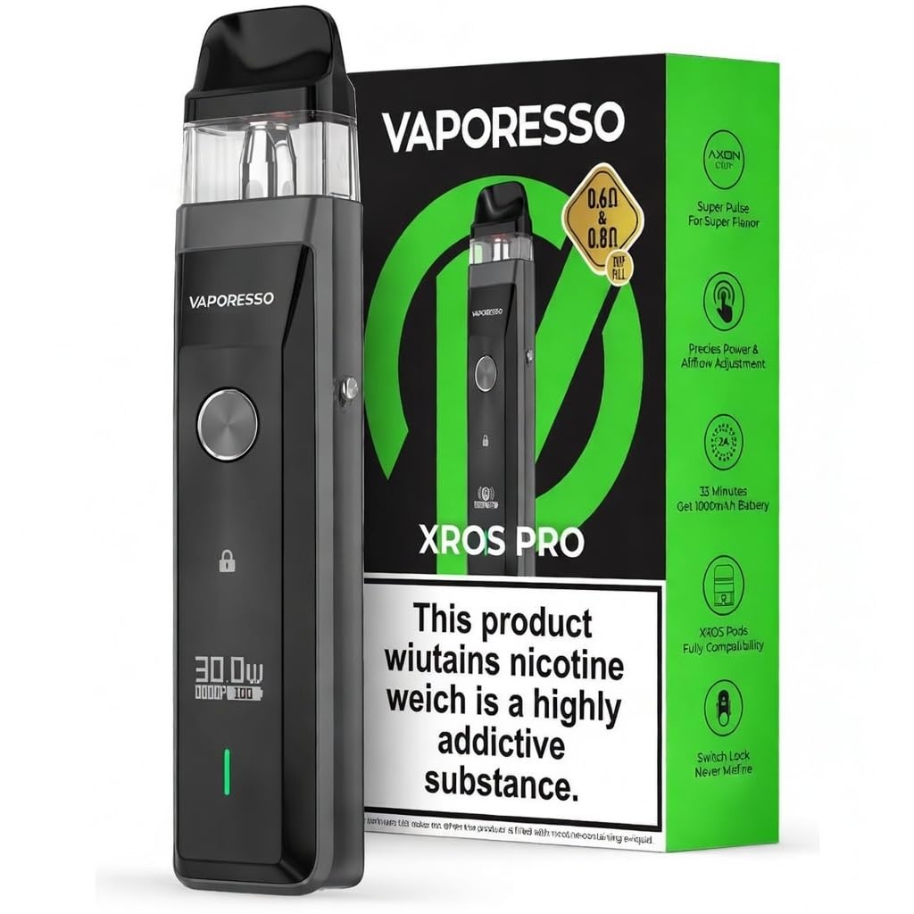 VAPORESSO XROS PRO Vaping Kit, 30W Max Output, Long-Lasting Battery, Dual Firing Modes, Replaceable Pods with Interchangeable Coils, Fully XROS Pod Compatible, Vaporesso Vaping, No Nicotine (Black)