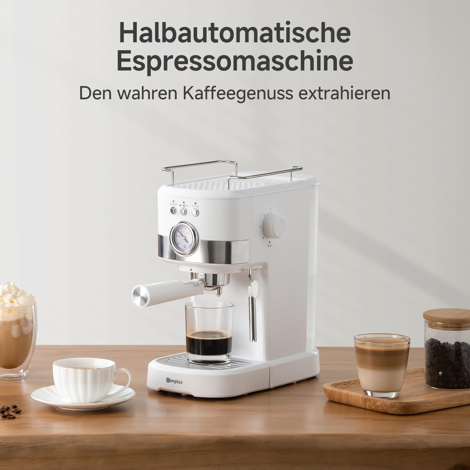 SIMPLUS Espressomaschine 15 Bar Dual Shot, Temperaturanzeige, schwenkbare Dampfdüse für cremigen Milchschaum, 1,2-L-Wassertank, Warmhalteplatte, automatische Abschaltung und abnehmbares Tropfblech