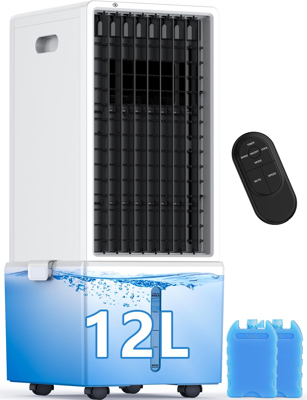 HIFRESH Personal Air Cooler for Home, Touch & Remote Control, 12L Tank for 24H Cooling, 4 Modes & 4 Speeds, 12H Timer, Waterless Alert System, 2 Ice Packs, Low Power Consumption Tower Cooler for Room