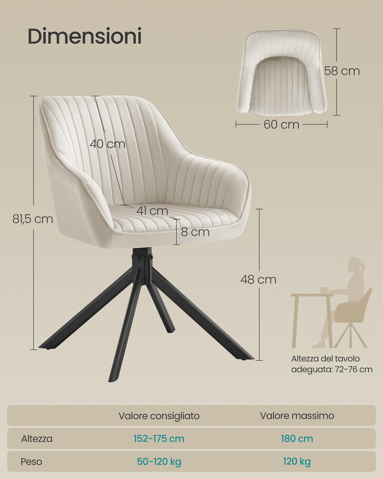 SONGMICS Sedia da Pranzo, Portata 120 kg, Poltrona Girevole Imbottita con Braccioli, Velluto, Gambe in Acciaio, per Sala da Pranzo Cucina, Beige Cappuccino e Nero Inchiostro KDC161LH01V2