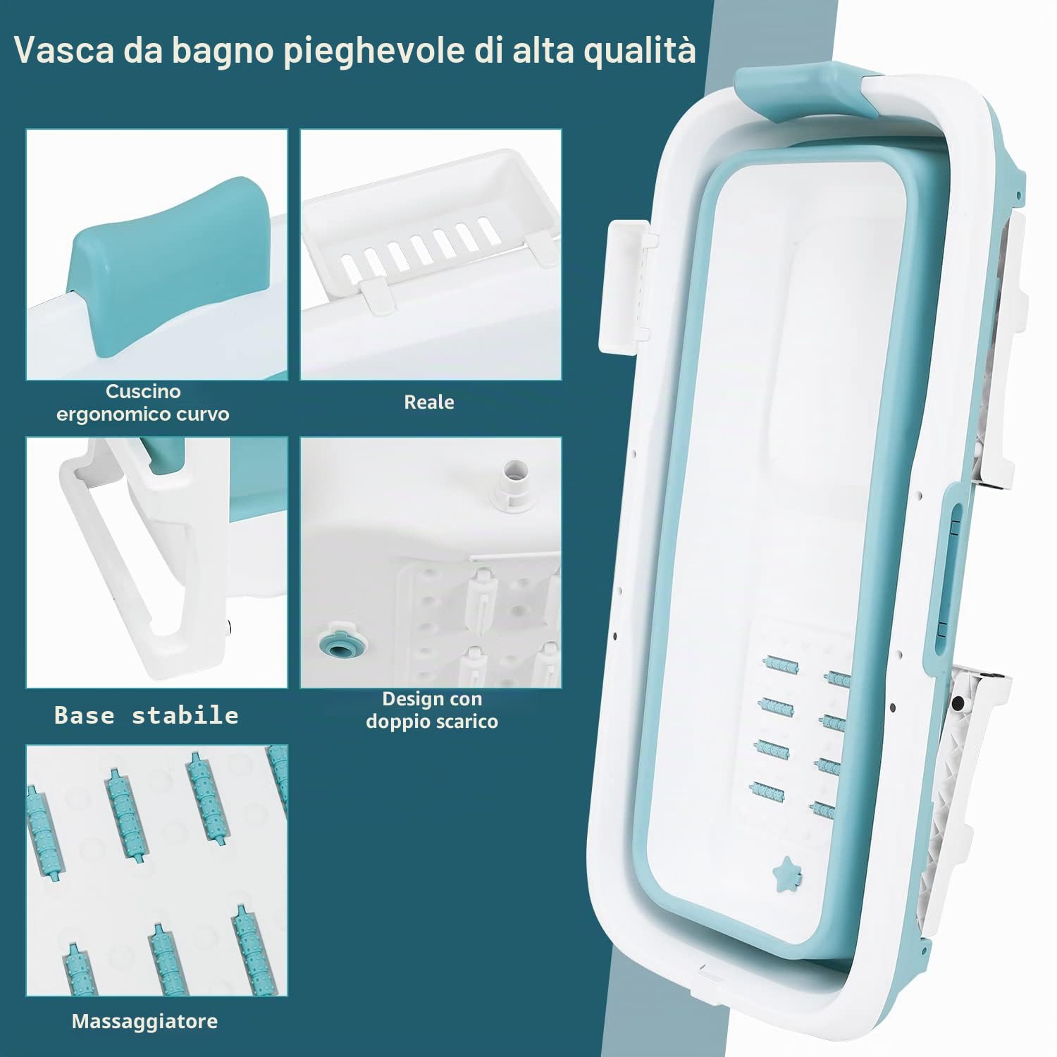 Daromigo Vasca da bagno pieghevole XXL, 149 x 60 x 50 cm, per adulti, portatile, pieghevole, con copertura e rulli massaggianti, per bagno, doccia e balcone