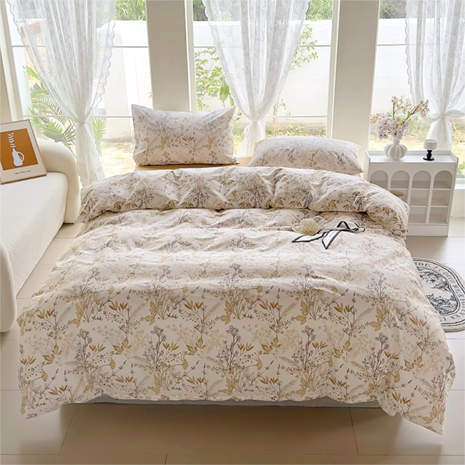 Freyamy Housse de Couette 220x240 Blanc Vert Feuilles Floral Parure de lit 2 Personne en Microfibre avec Fermeture Éclair Réversible Sets de Housse Couette Fleurie Or avec 2 Taie d'oreiller 65 x