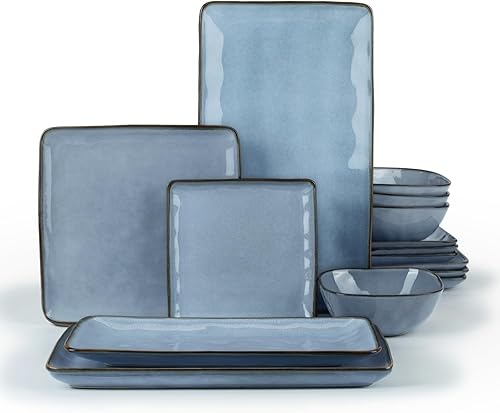 Famiware Ocean Square - Juego de platos y cuencos de 15 piezas para 4, 3 platos rectangulares para servir, color azul