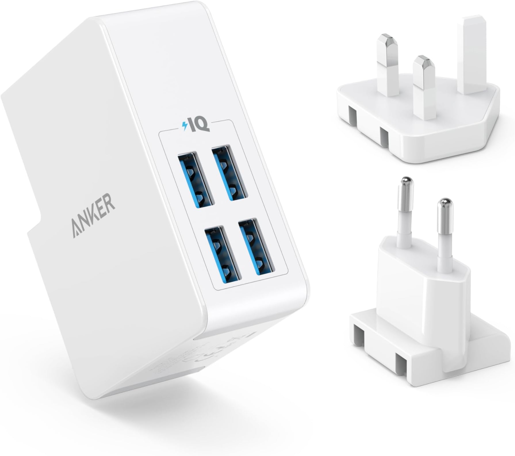 Anker Usb Plug Charger 5.4A/27W 4-Port Usb Charger, Powerport 4 Lite With Interchangeable UK And EU Travel Charger, Adapter For iPhone 16/15/14 Series, Galaxy S8/Note 3, Ipad Air 2/Mini 3, And More