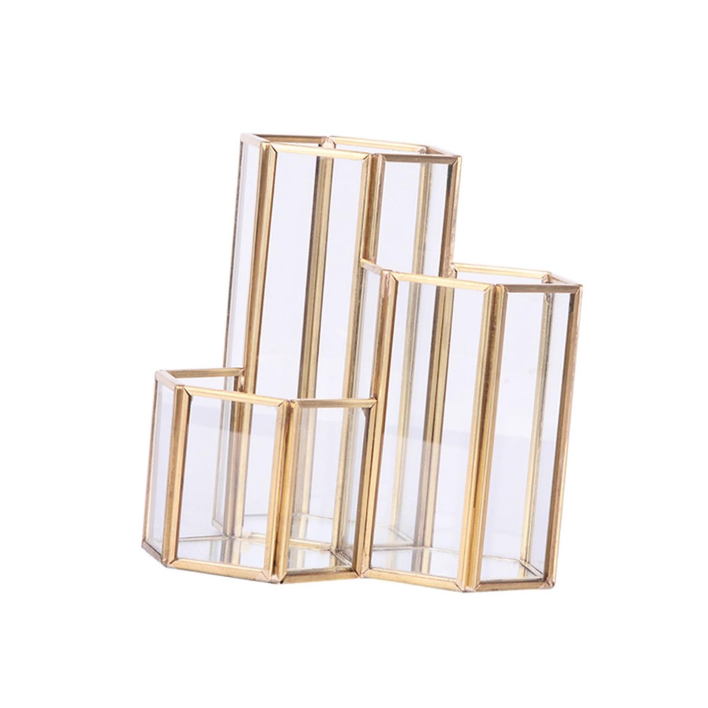 Porte-stylo hexagonal doré en verre transparent pour ranger le bureau