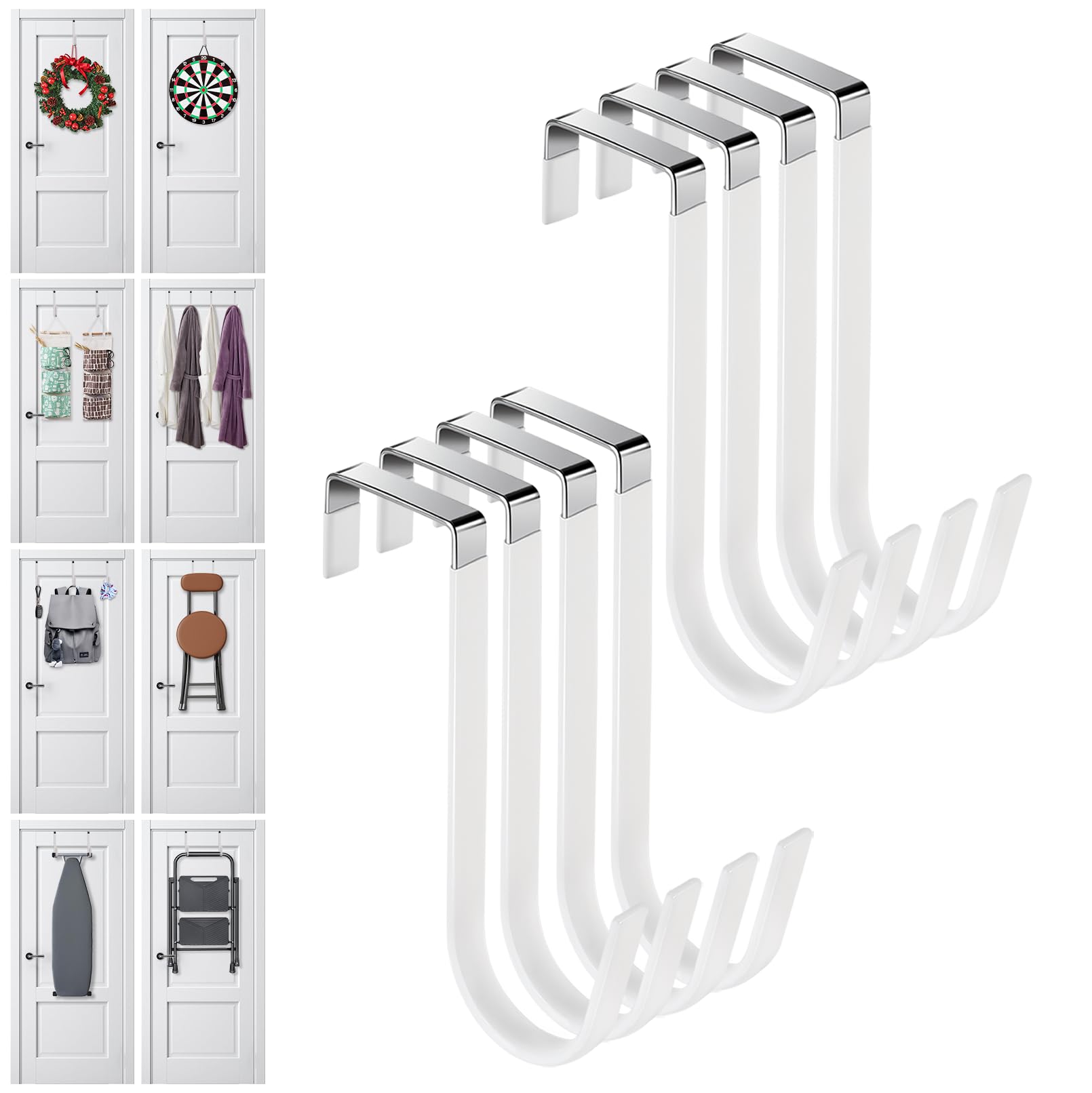 Damita White Over The Door Hooks 8 Packs, Over The Door Towel Hanger For Coat, Overdoor Hangers Back Of Door Hook, Sturdy Stainless Steel Hooks With Anti-Scratch Rubber Surface For Hanging Coats
