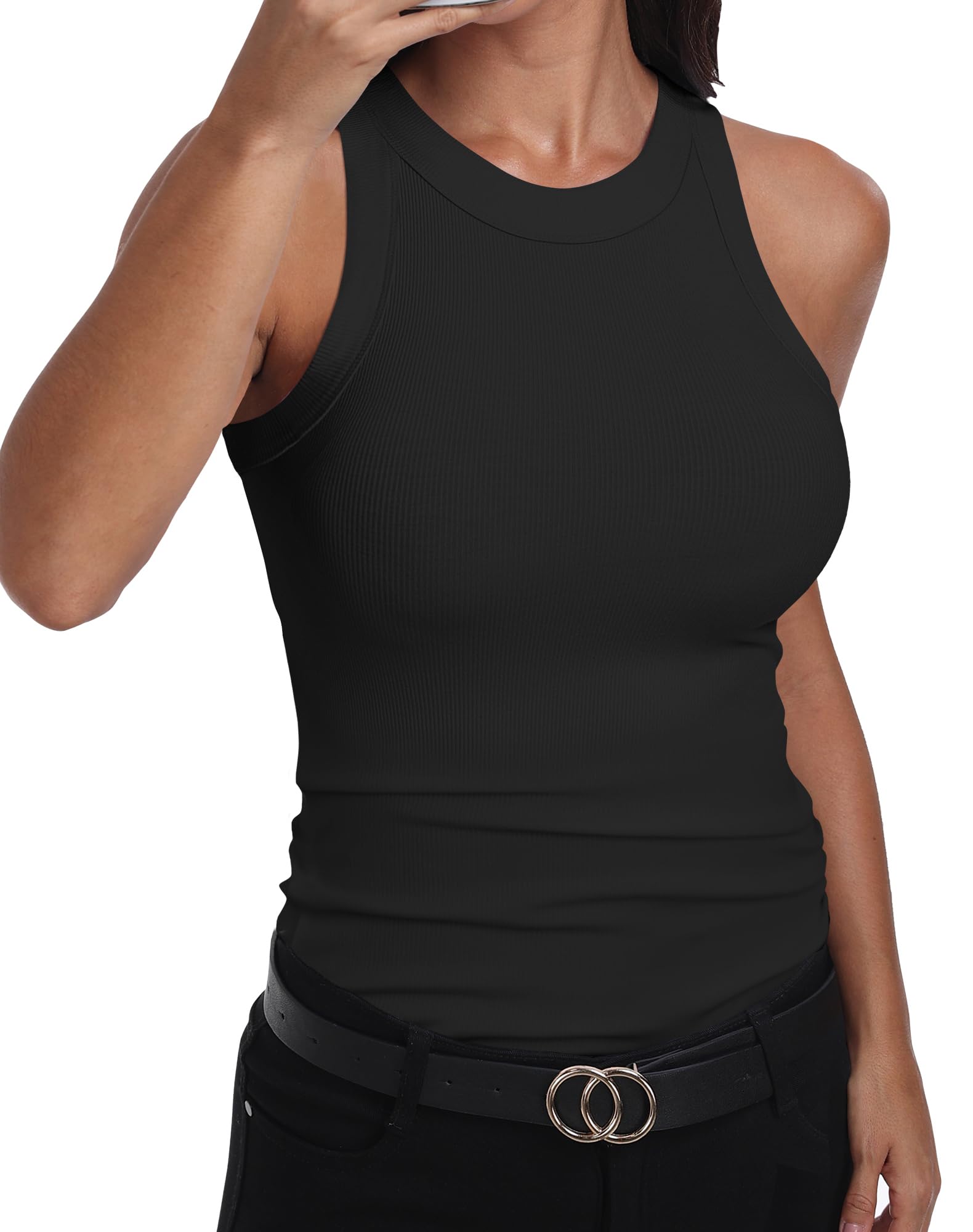 GEMBERA Womens Sleeveless Racerback High Neck Casual Basic Cotton Ribbed Fitted Tank Top