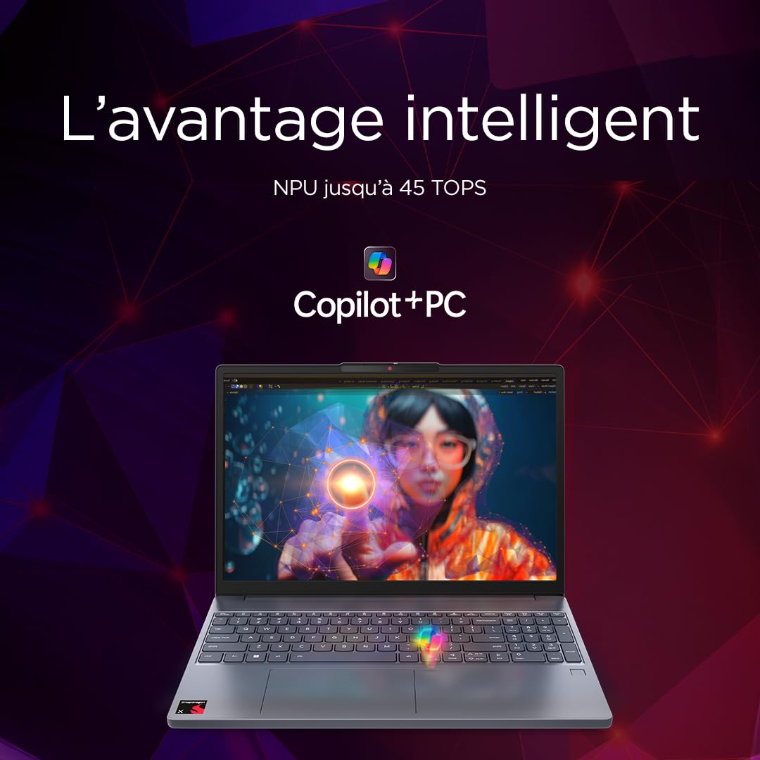 Lenovo IdeaPad Slim 3 15Q8X10 - Ordinateur Portable 15.3'' WUXGA Copilot+ (Snapdragon X X1-26-100, RAM 16Go, SSD 256Go, Windows 11 Home) Clavier AZERTY Français - Gris Luna