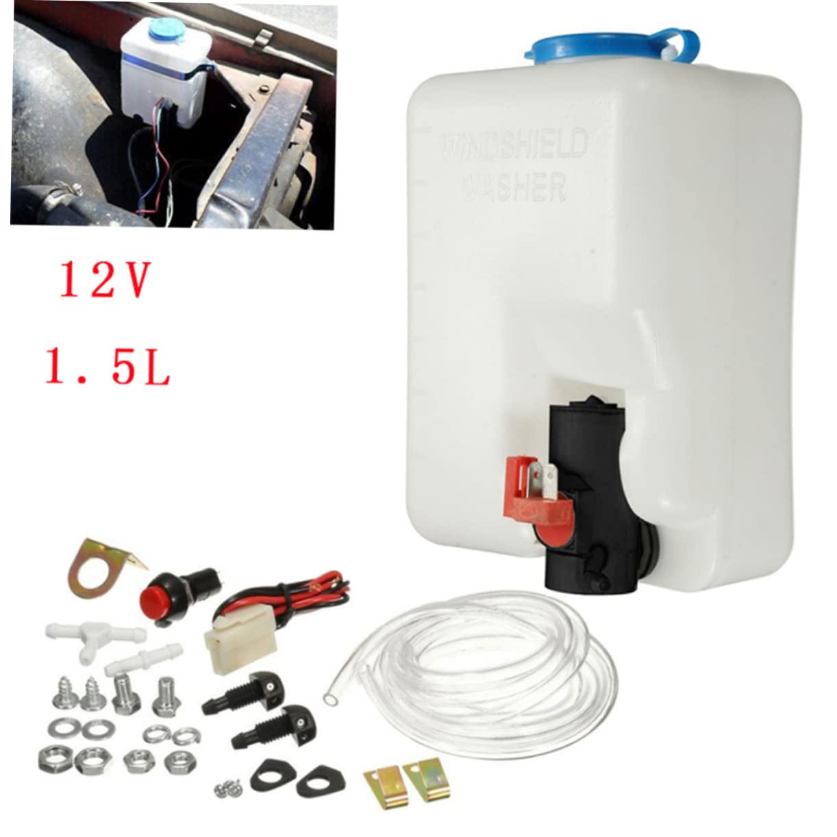 Depósito de Líquido Lavaparabrisas 1, 5l Negro Kit de Plástico | Remolque y Vehículo Todoterreno, Incluye Manguera de 1, 5m, Boquillas y Fijaciones de Cableado