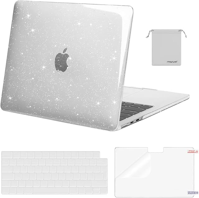 MOSISO Compatible with MacBook Air 13.6 inch Case 2024 2023 2022 M3 A3113 M2 A2681 Chip with Touch ID, Sparkly Glitter Plastic Hard Shell Case&Keyboard Cover&Screen Protector&Storage Bag, Transparent