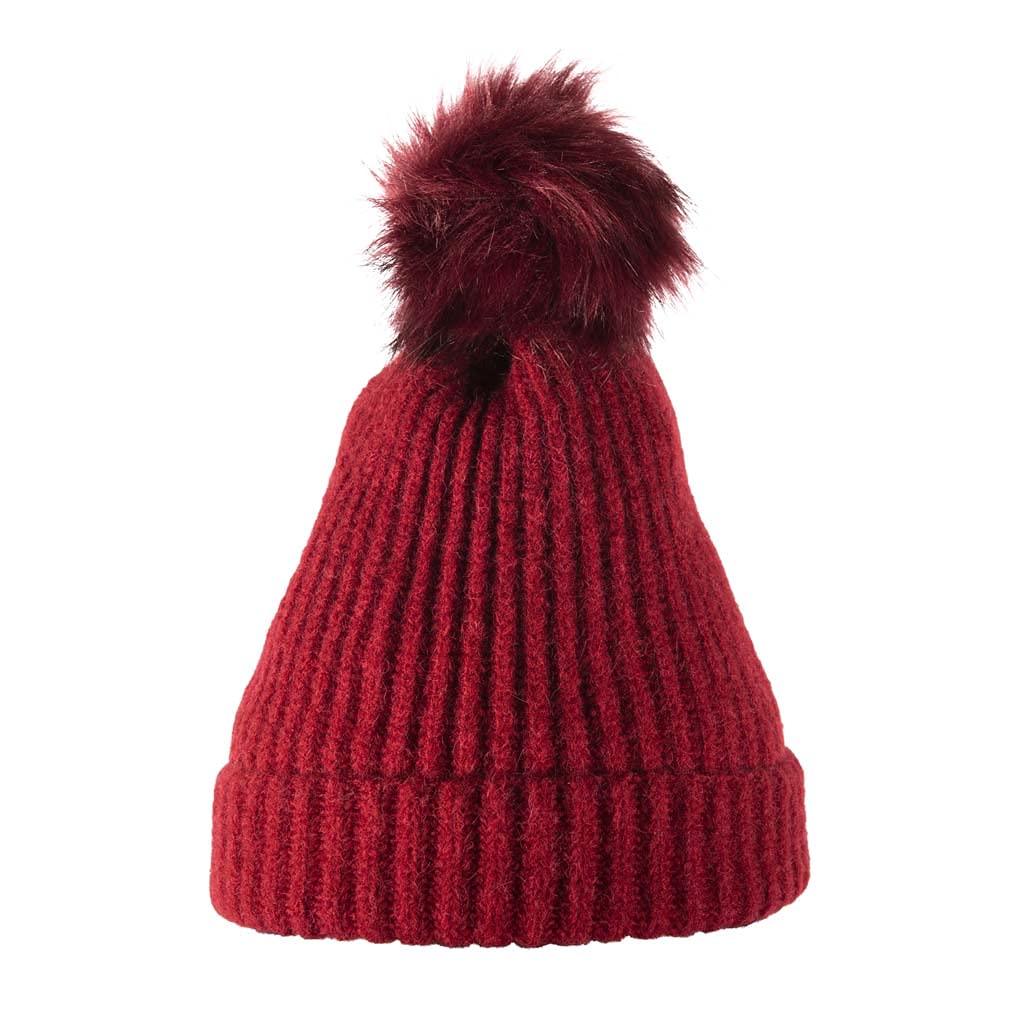 Heritage Traditions Soft Touch Rib Faux Fur Pom Pom Beanie Bobble Hat (Rhubarb)