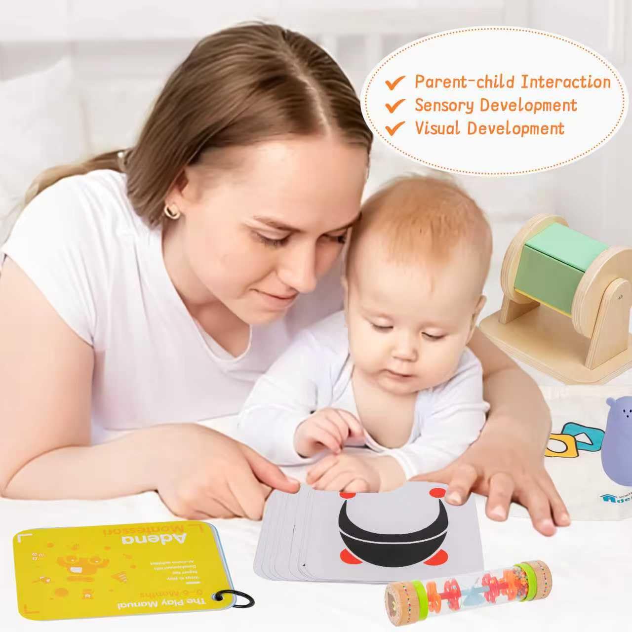 Adena Montessori Kit de Juego para bebés de 0 a 6 Meses, Kit de Aprendizaje 9 en 1 Que Incluye Tarjeta en Blanco y Negro, sonajero Rainmake de Lluvia, Bola sensorial, Tambores de Boca Abajo, Caja de