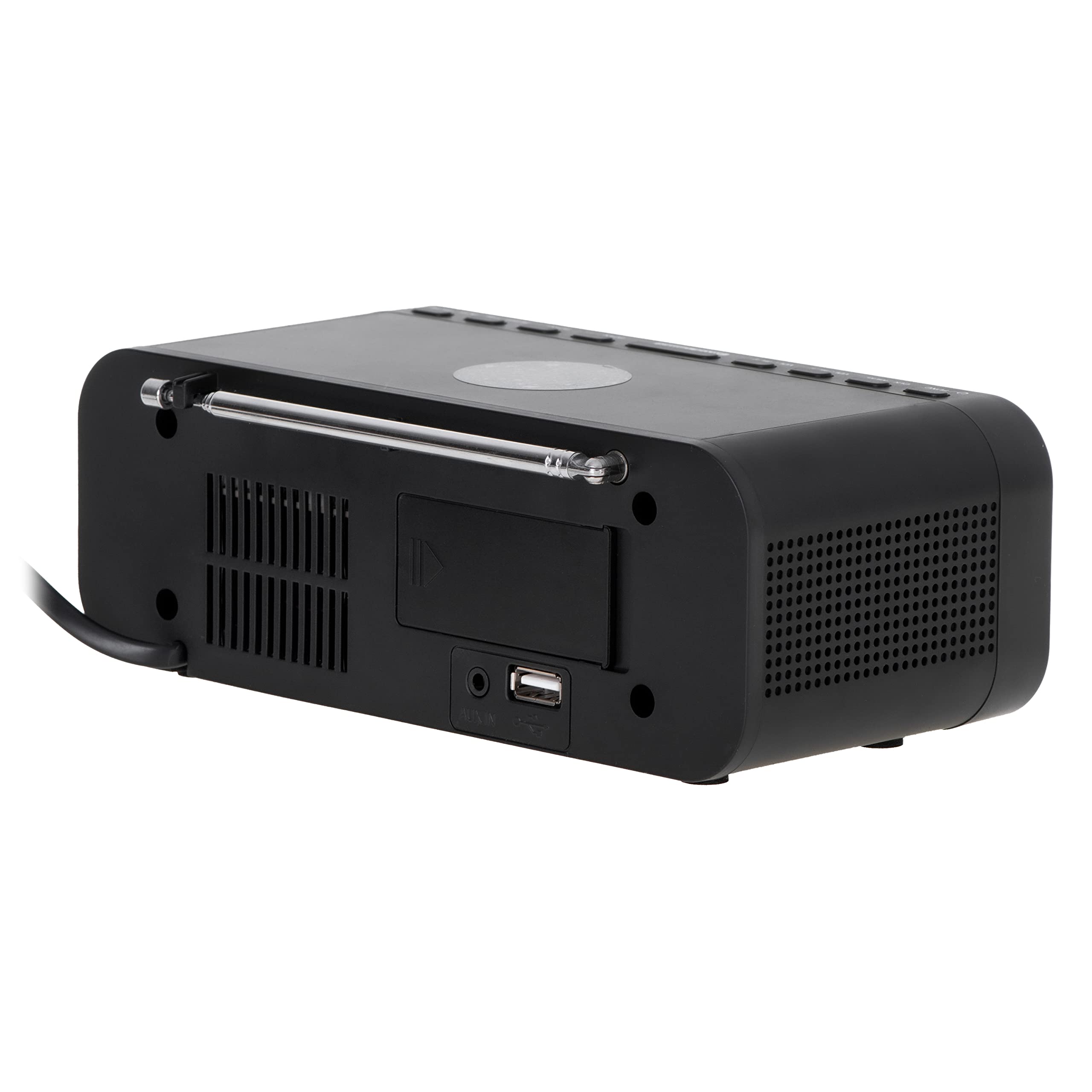 ADLER AD 1192B Radiowecker mit kabellosem Ladegerät Bluetooth 5.0 UKW-Radio 30 Sender Speicher Digitaler Wecker AUX-Eingang Snooze-Funktion Teleskopantenne (Schwarz)