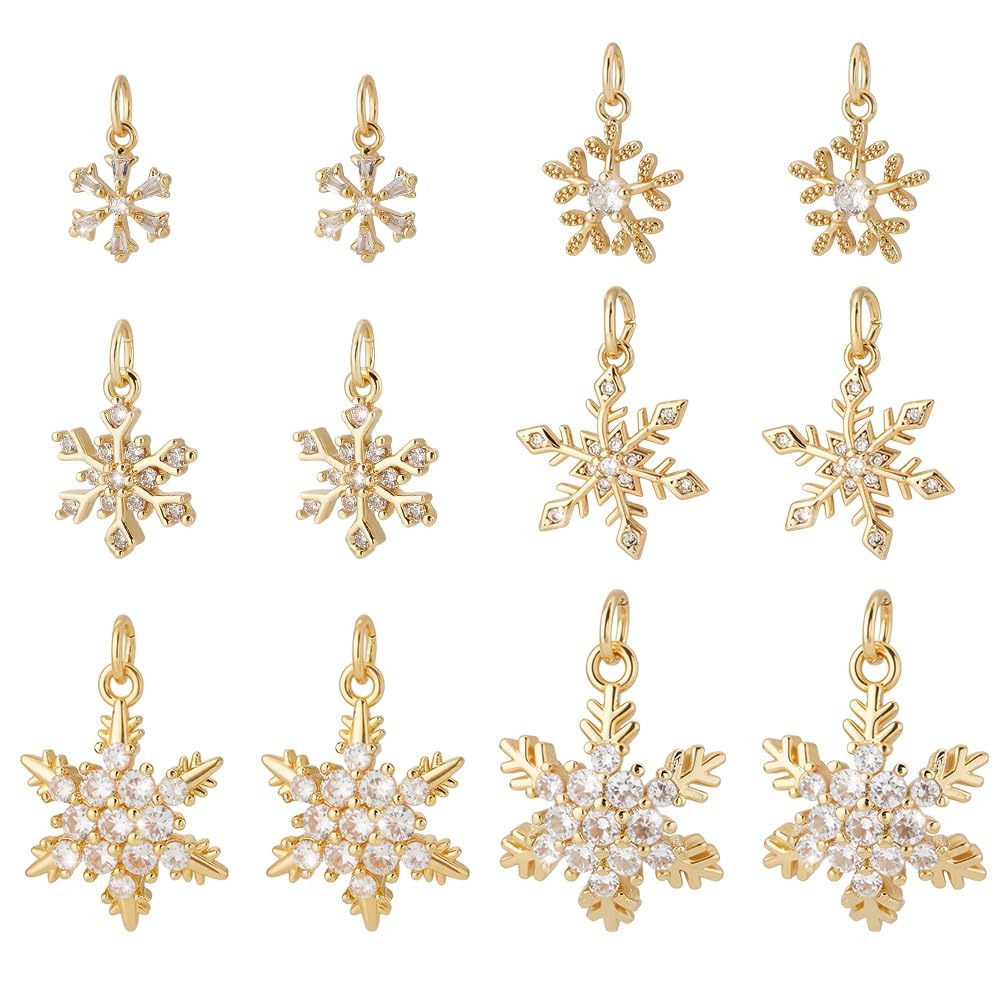 PH PandaHall 12pcs 16K Gold Plated Snowflake Charms 6 Style Cubic Zirconia Snowflake Charm Pendants Rhinestone Snowflakes Charm for Winter Christmas Necklace Earring Jewellery Making DIY Craft