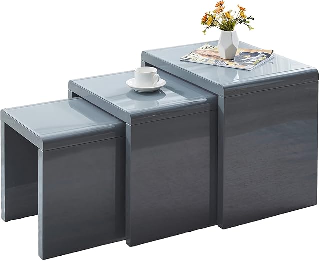 JaHECOME Nest of Tables Set of 3 Nesting Tables High Gloss Coffee Tables Stackable Design MDF Wood End Side Tables for Living Room Office or Lounge (Grey)