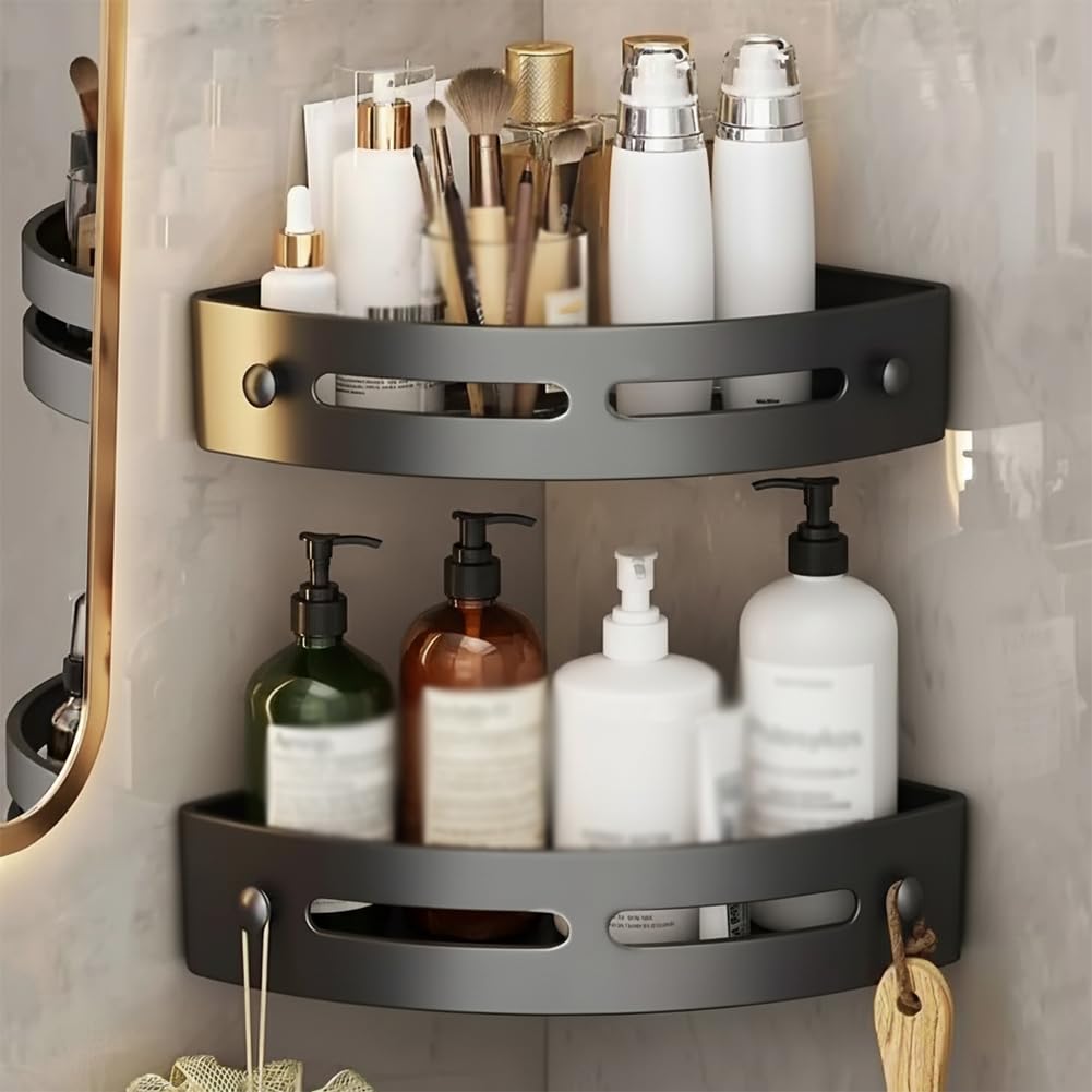 luotts Suction Cup Corner Shower Shelf Bathroom Corner Organizer No Drill Caddy Drain Rack Aluminum Wall Mounted Storage