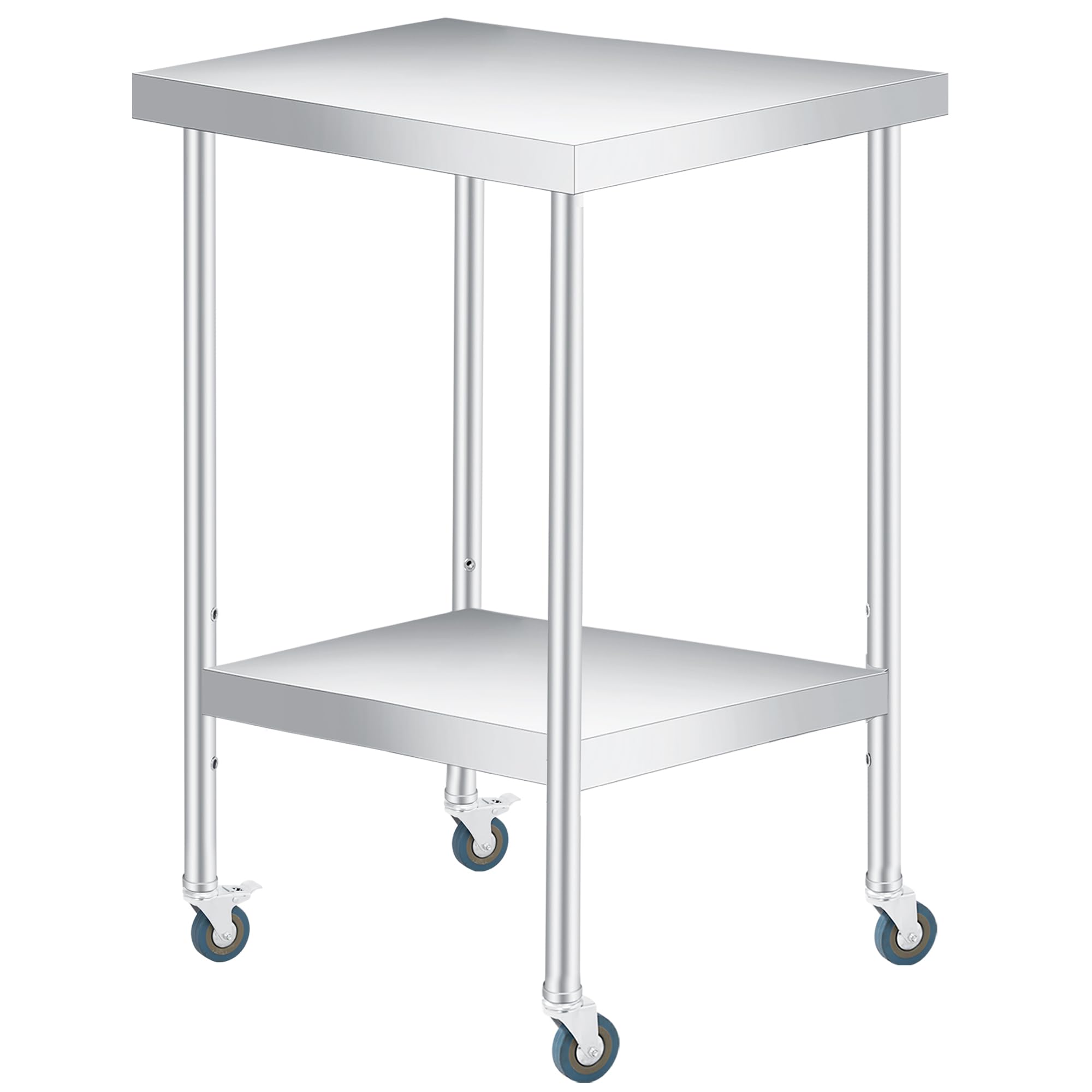 Edelstahltisch, 61 x 61 cm, robuster Arbeitstisch mit verstellbarer Unterablage und feststellbaren Rollen, 2-stöckiger Metall-Vorbereitungstisch für gewerbliche Küche, Restaurant, Garagen