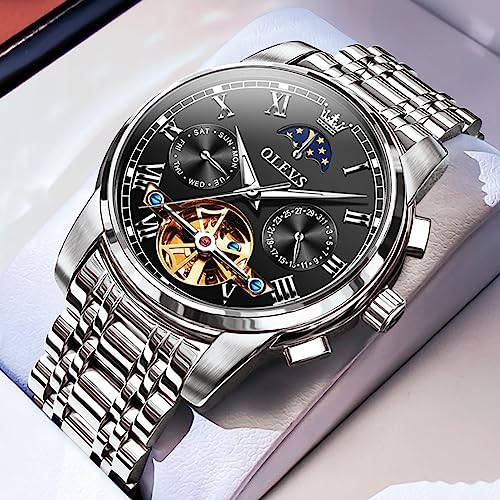 Image of OLEVS Men Watch Automatic Mechanical Skeleton Moon Phase Dress Business Stainless Steel 3AT Waterproof Luminous Men Wrist Watch