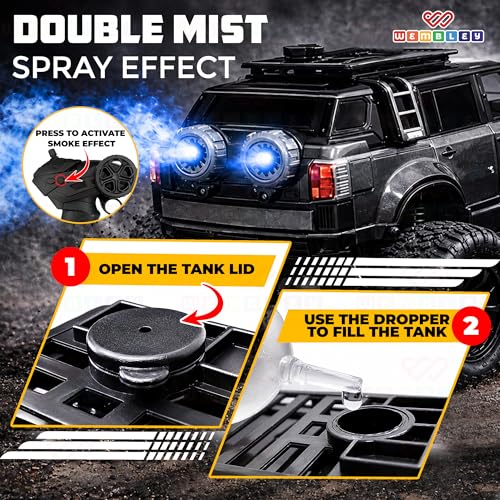 Image of Wembley Defend Climbing Remote Control Car for Kids 4-12 Years, 1:18 RC Monster Truck 2WD with Dual Spray Smoke, LED Lights, 2.4GHz Long Range, Alloy Body Off Road Car, Type C Rechargeable SUV
