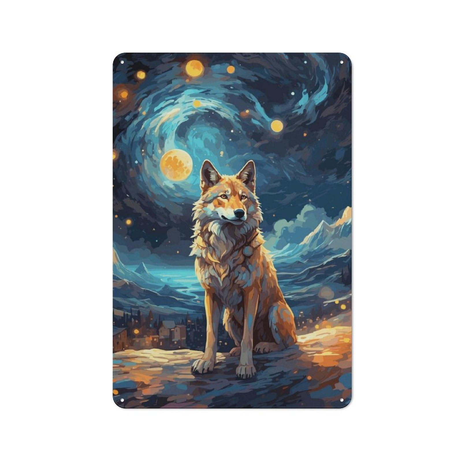 Wolf Starry Night Metal Wall Art Sign 30x20cm, Vintage Vintage Wall Decor for Lounge, Study, Pub Or Wall Gallery