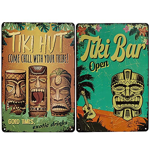 Aloha Nui Tiki Bar Sign 2 PC Set, Tiki Bar Decorations Outdoor, Tiki Bar Open & Tiki Hut Come Chill, 8 x 12 in, 8 Screws incl, Tiki Decor, Tiki Sign for Outside