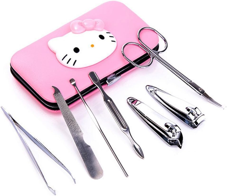 Domai New Fashion Women Stainless Steel Nail Tool Set to Build Manicure Kit Nail Clipper with Hello Kitty Case (7 Piece/One Set of Pack)