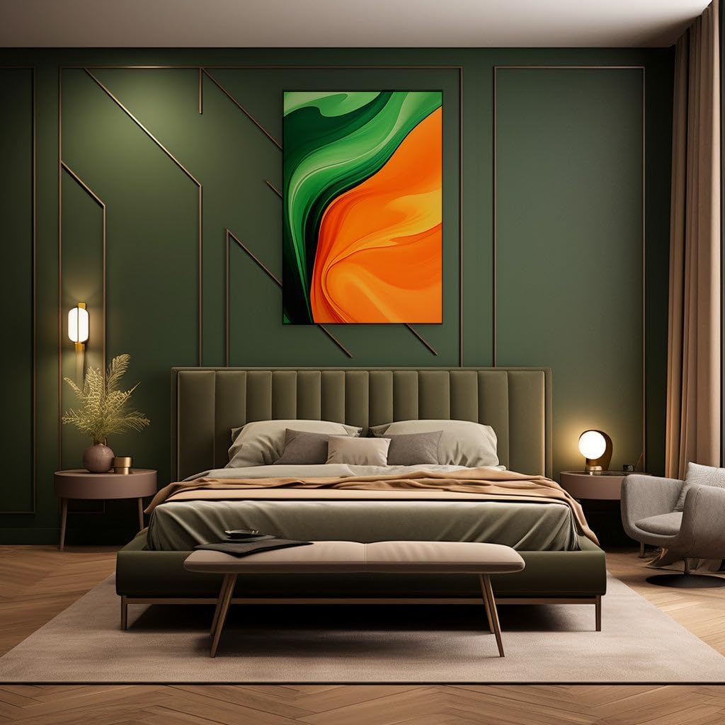 Canvas for Living room. Waves in Motion: A Dance of Green and Orange Hues through Abstract Artistry, 27 x 18 inch Canvas Wall Art - Ready to Hang
