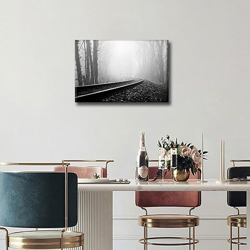 Vista 476 de 1 lienzo decorativo para pared, ferrocarril a través del bosque de pinos con niebla, decoración moderna para el hogar, sala de estar, arte de pared