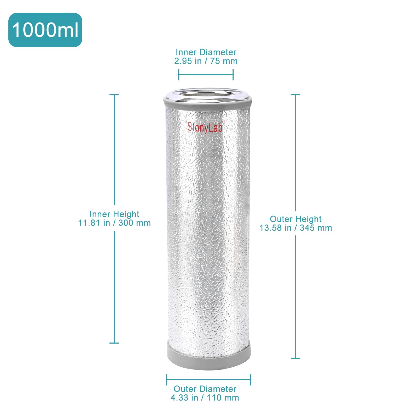 stonylab Vasi Dewar, Dewar Flask in Cilindrico Forma Vetro Borosilicato con Base in Alluminio, Dewar Pallone a 300 mm Profondità Interni e 75 mm Diametro Interno per Laboratorio - 1L